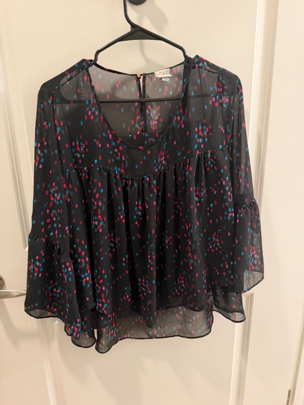a new day Black Sheer Dot Print Ruffle Blouse